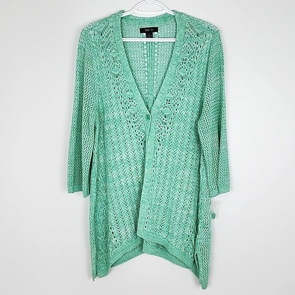 Style & Co. Cardigan Cotton Crochet Knit Mint Green White  One Button Up Size XL - Picture 1 of 12